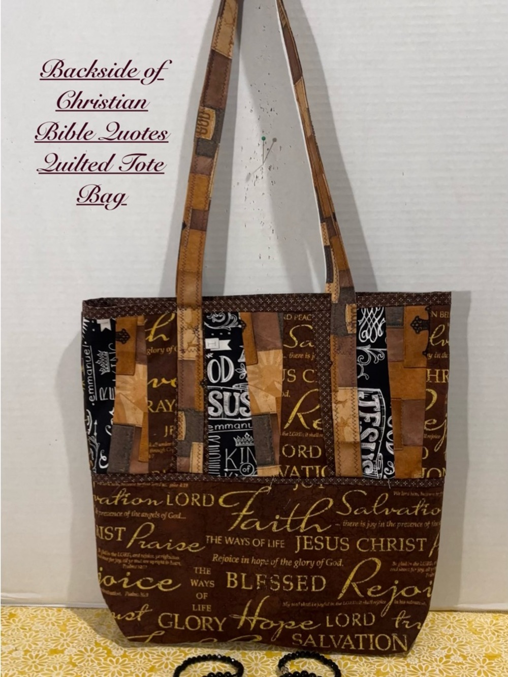 NEW CHRISTIAN BIBLE QUOTES HANDMADE QUILTED TOTE BAG W/BLACK GLASS BRACELETS 4p - Picture 2 of 3